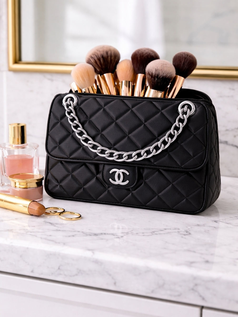3D Printed Quilted Black Vase Organizer, Gold or Silver Painted Chain - Picture 6 of 12